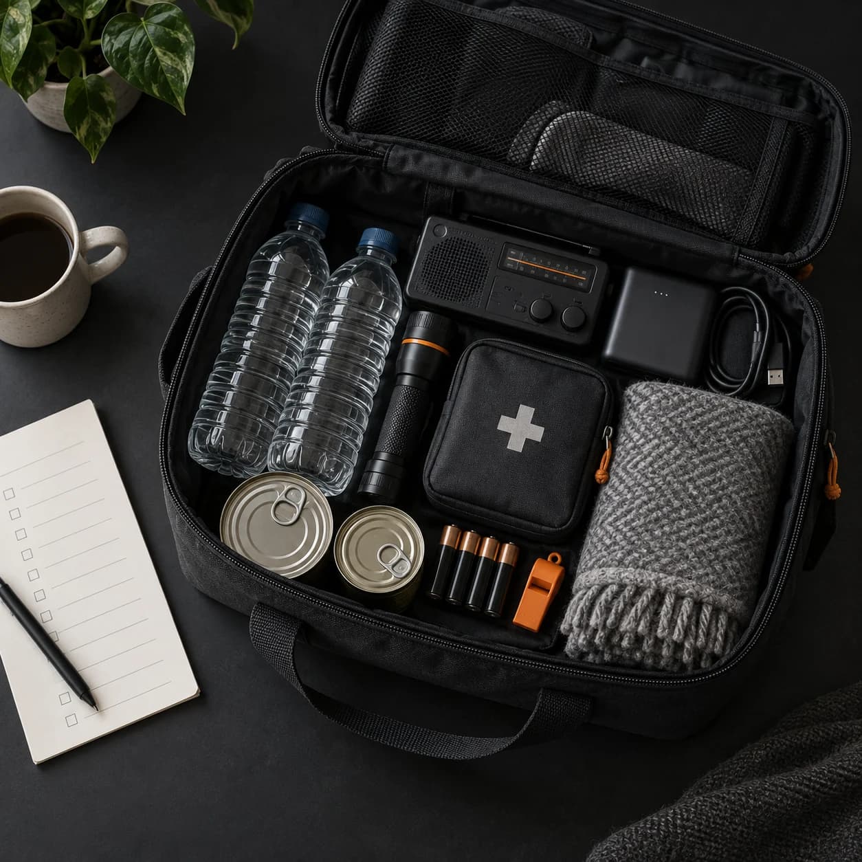 An open household emergency kit containing water, a radio, torch, power bank, first-aid pouch, food, batteries and a warm blanket