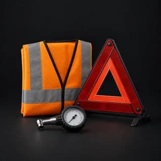 Car emergency supplies including a torch, hi-vis vest and warm blanket packed for the boot